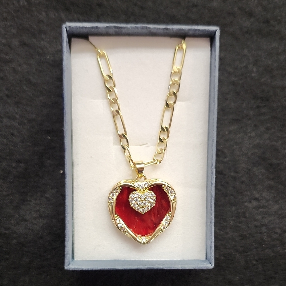 Gold Heart Pendant Necklace with Red Accent
